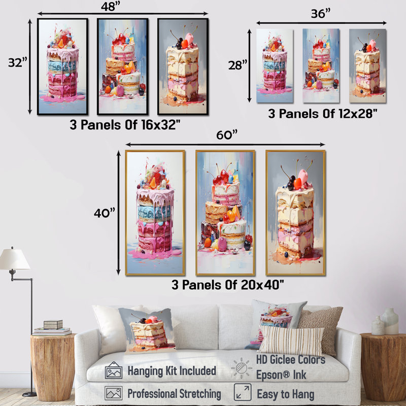 Popart Cake Dessert Sugar Rush - Ensemble de 4 impressions sur toile Desserts, Cadre flottant blanc, H 32 po x l 48 po