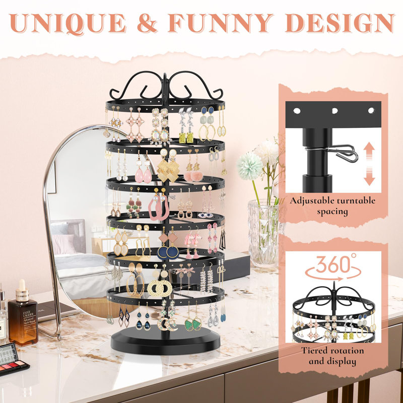 6 Tier Metal Rotating Earring Holder Organizer, 264 Holes Earring Storage Display Stands Tree Rack, Adjustable Earring Stud Tower(Black)
