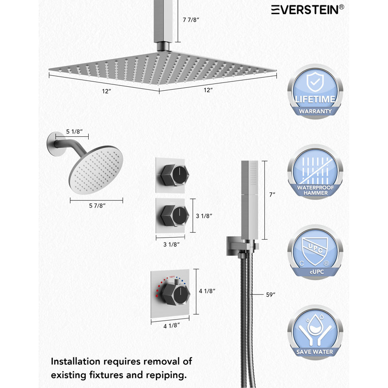  Thermostatic Dual Showerheads System, Ceiling Mount 12" High-Pressure Rainfall Shower Faucet with Handheld Spray