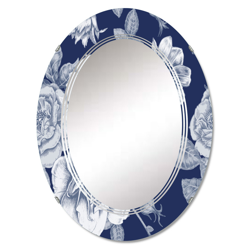 Miroir mural blanc à fleurs rétro, motif ovale - Fleurs blanches rétro sur bleu classique I, 36 po x 24 po
