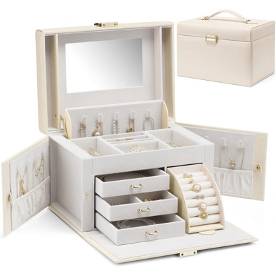 Organisateur de boîte à bijoux, grand organisateur de porte-bijoux avec miroir, 3 tiroirs, blanc abricot