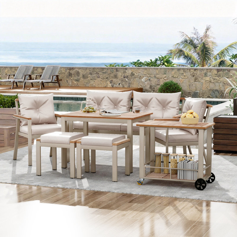 6 - Person Patio Dining Set with Rectangular Table, Beige, Beige