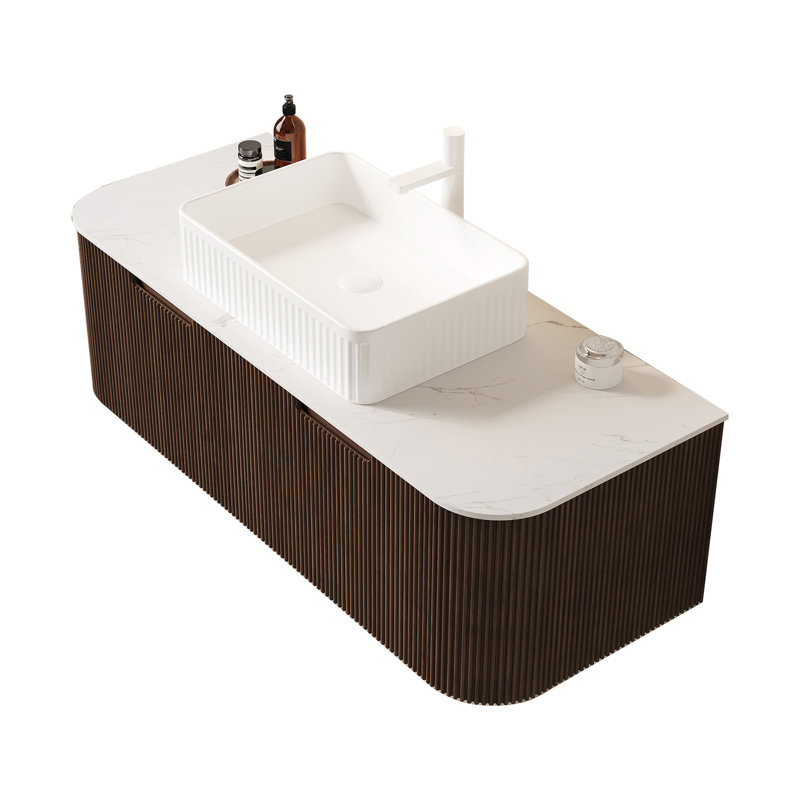 Meuble-lavabo de salle de bain 48 po Dina, meuble-lavabo rayé à bords arrondis avec 2 tiroirs, lavabo rectangulaire en céramique blanche et plateau en pierre frittée blanc de Carrare, pré-assemblé, couleur grain de bois noyer foncé