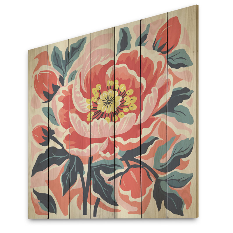 Pivoine rose et verte de style matisse - Pivoine sur bois, H 15 po x l 15 po
