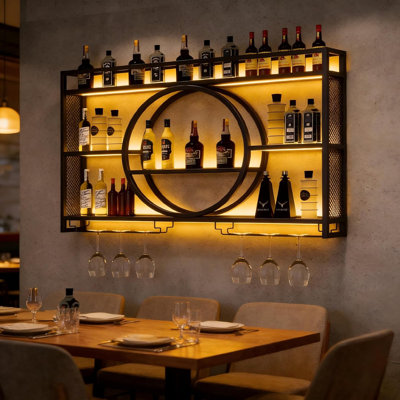 Wall Mounted Wine Rack With LED Light, 39.4" Bar Shelves And Glass Holder, Industrial Metal Bar Shelf Wall Mounted Wine Rack For Kitchen, Bar, Dining