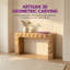 Console rustique en bois massif avec sculptures géométriques 3D, table d'entrée/de salon avec finition vieillie, idéale pour le corridor ou le hall d'entrée.