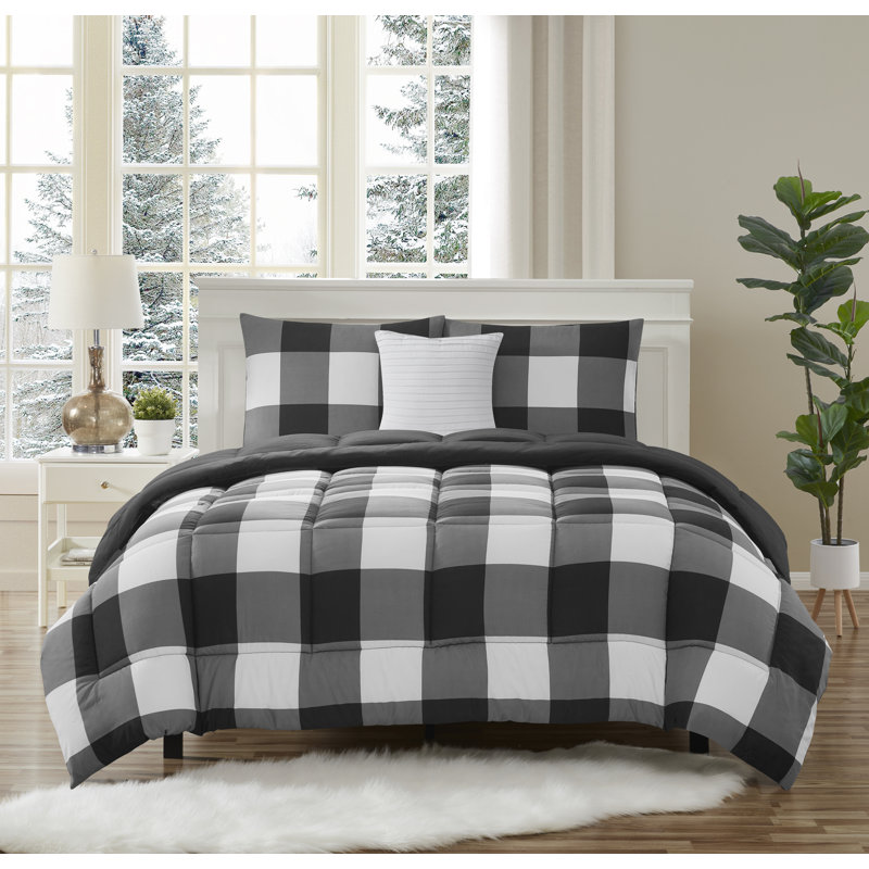4 Piece Buffalo Plaid Printed Comforter, Shams & Throw Pillow Set, Full/Queen Comforter + 3 Additional Pieces, Black/White