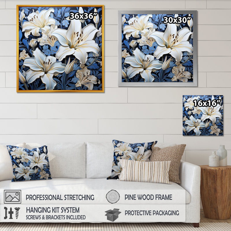 «White Lily and Blue Pure Lily Charm III», reproduction sur toile encadrée, Cadre flottant doré, H 30 po x l 30 po x P 1 po