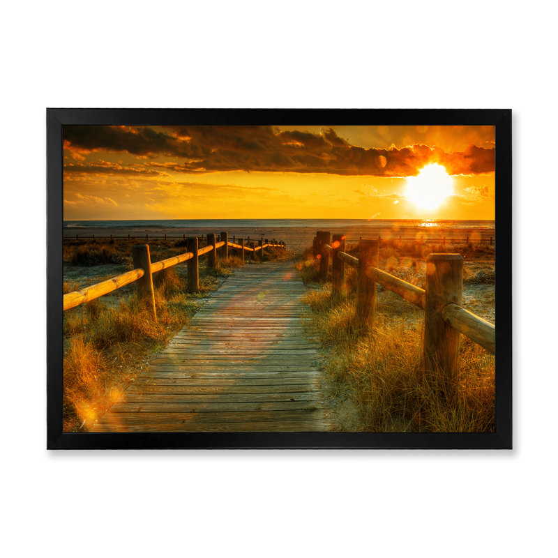 «Little Road to the Beach pendant le coucher du soleil», peinture sur toile, Toile avec cadre de coin noir fermé