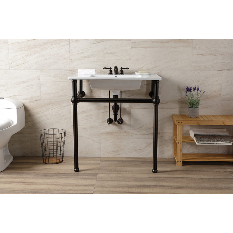 Kingston Brass Templeton 31-Inch Ceramic Console Sink with Brass Legs (8-Inch, 3-Hole), White/Oil Rubbed Bronze