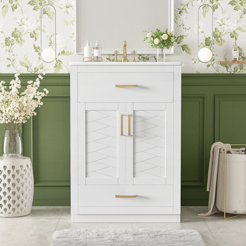 Meuble-lavabo 24 po avec lavabo en céramique intégré et meuble-lavabo à 2 portes 24 po, Blanc