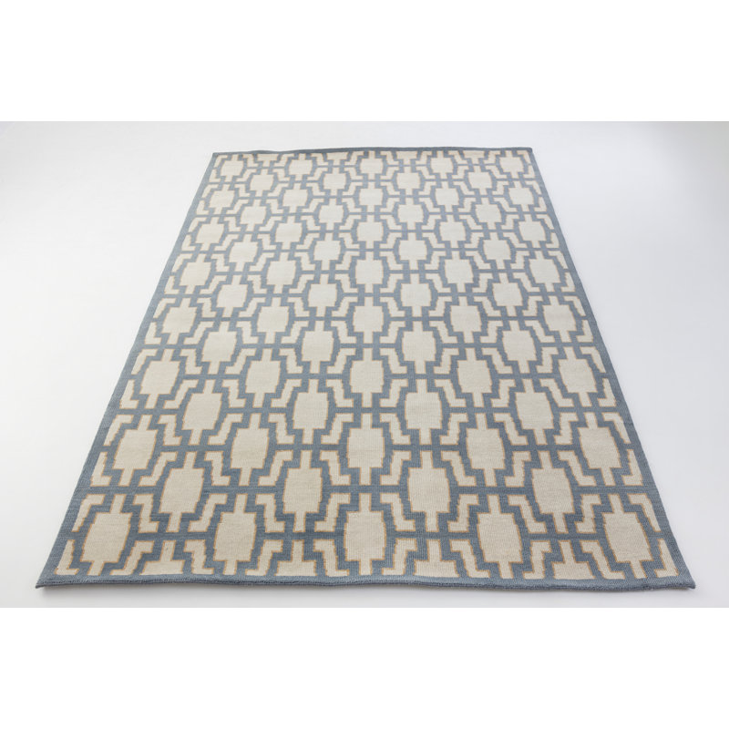Della Hand Knotted Wool Geometric Area Rug, Blue, Rectangle 9' x 12'