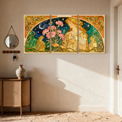 Fantasy & Sci-Fi Art Nouveau Woman Holding Baby With Flowers Set of 3 Canvas Wall Art Prints