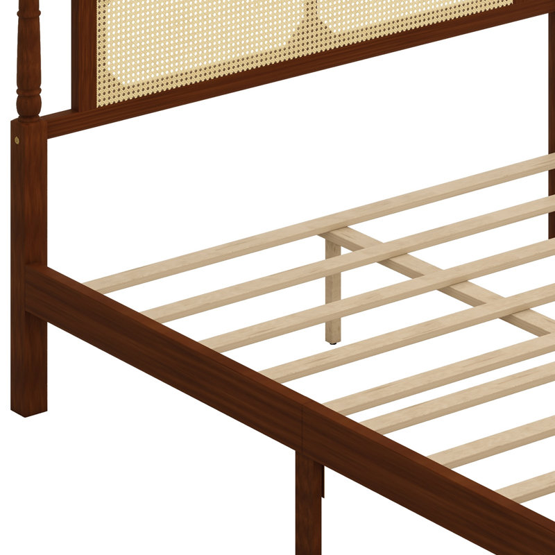 Lit en bois avec tête et pied de lit en rotin, Noyer