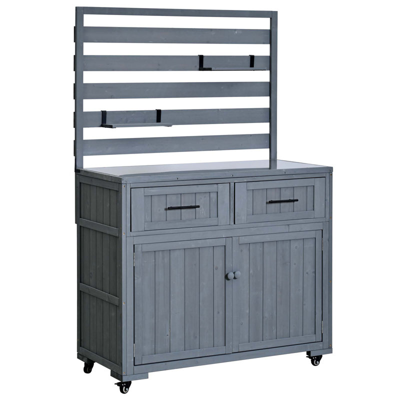 Solid Wood Outdoor Kitchen Island With Stainless Steel Top, Movable Shelves, Lockable Wheels, And Versatile Use As Grill Prep Table Or Potting Bench.