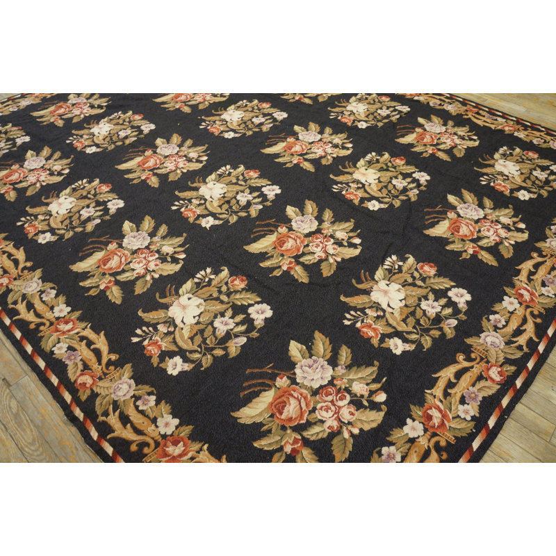 Vintage Needlepoint Chinese Allover Geometric Flat Weave Rug