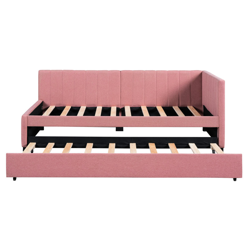 Linen Fabric Upholstered Daybed With Twin Size Trundle, Pink, No Box Spring Bed Pink Needed Frame, Pink