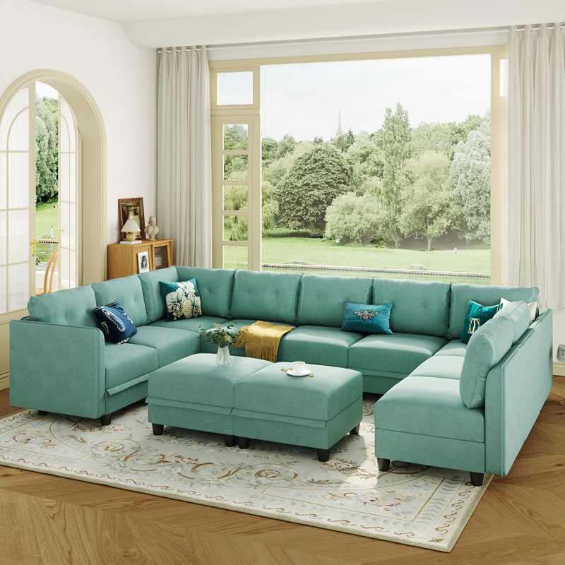 Mizuho Upholstered L-Shaped Sectional, Teal Green Faux Leather