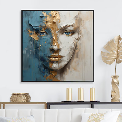 Portrait de méditation femme dorée et bleue - Estampes abstraites encadrées