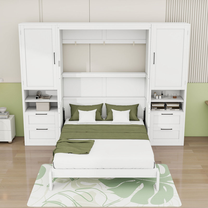 Grand lit escamotable en bois avec tiroirs et tablettes de rangement, Blanc