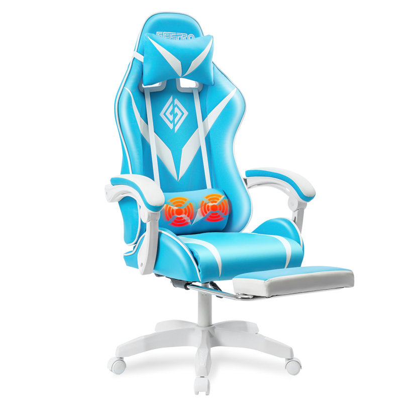 WOODYHOME Adjustable Reclining Ergonomic Swiveling PC & Racing Game Chair with Footrest, Blue