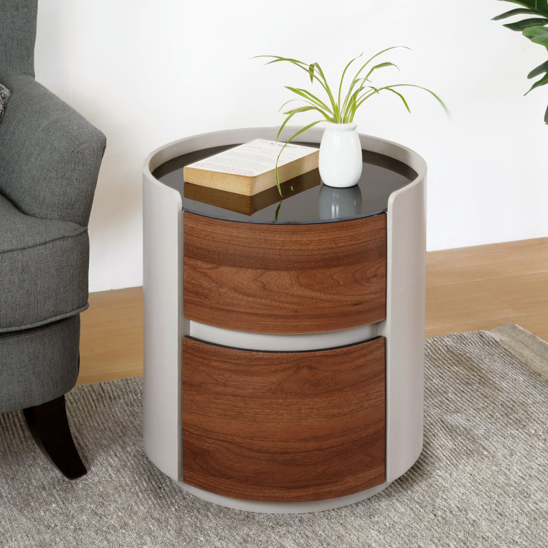 Table d'appoint ronde rétro à double rangement brun gris, aspect à bords arrondis lisses, plateau surélevé, conception, tiroirs, verre trempé pour un nettoyage facile, rangement à deux niveaux, base, dimensions compactes, prêt à monter