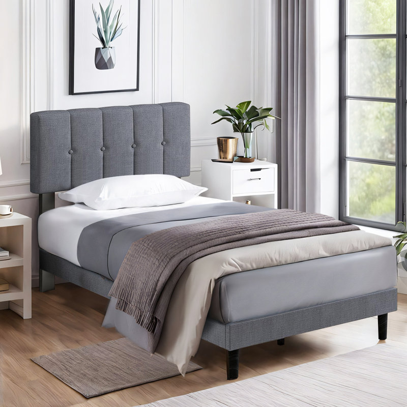 Bed Frame Upholstered Platform Bed with adjust Headboard, No Box Spring Needed, Noise Free, Twin, Light Gray