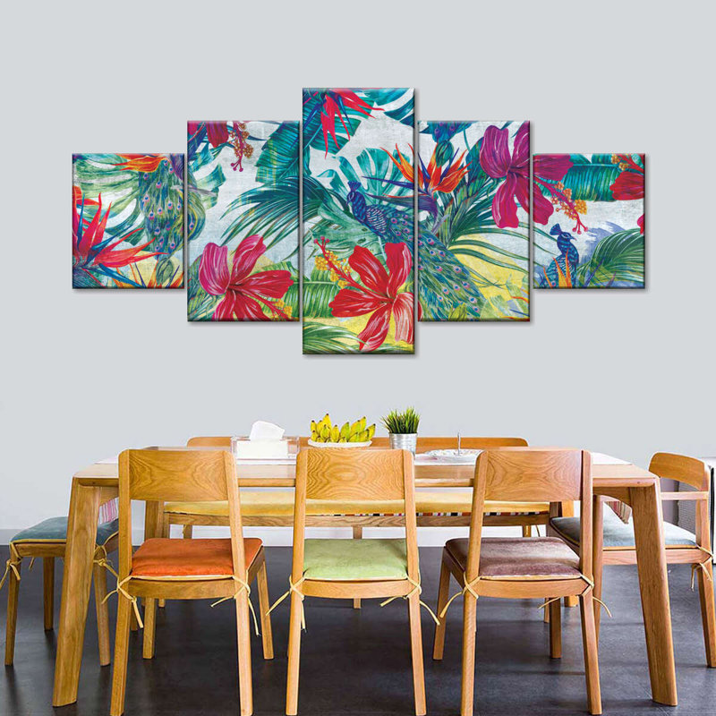 Paon tropical et fleurs, reproduction sur toile, H 55 po x l 24 po x P 1,25 po