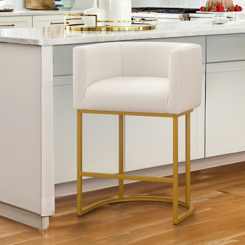 Tabouret de bar H 33,5 po Christlyn, Siège beige / cadre doré, Lin lin