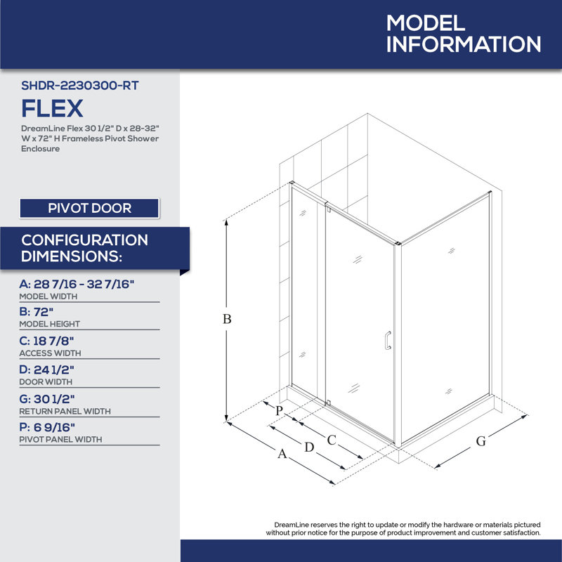 Flex 32.44" x 72" Rectangle Pivot Shower Enclosure, Brushed Nickel