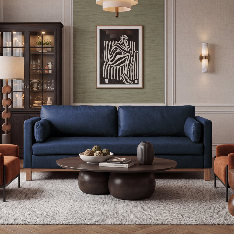 83" W Upholstered Faux Leather Mid Century Living Room Sofa Couch, Royal Blue