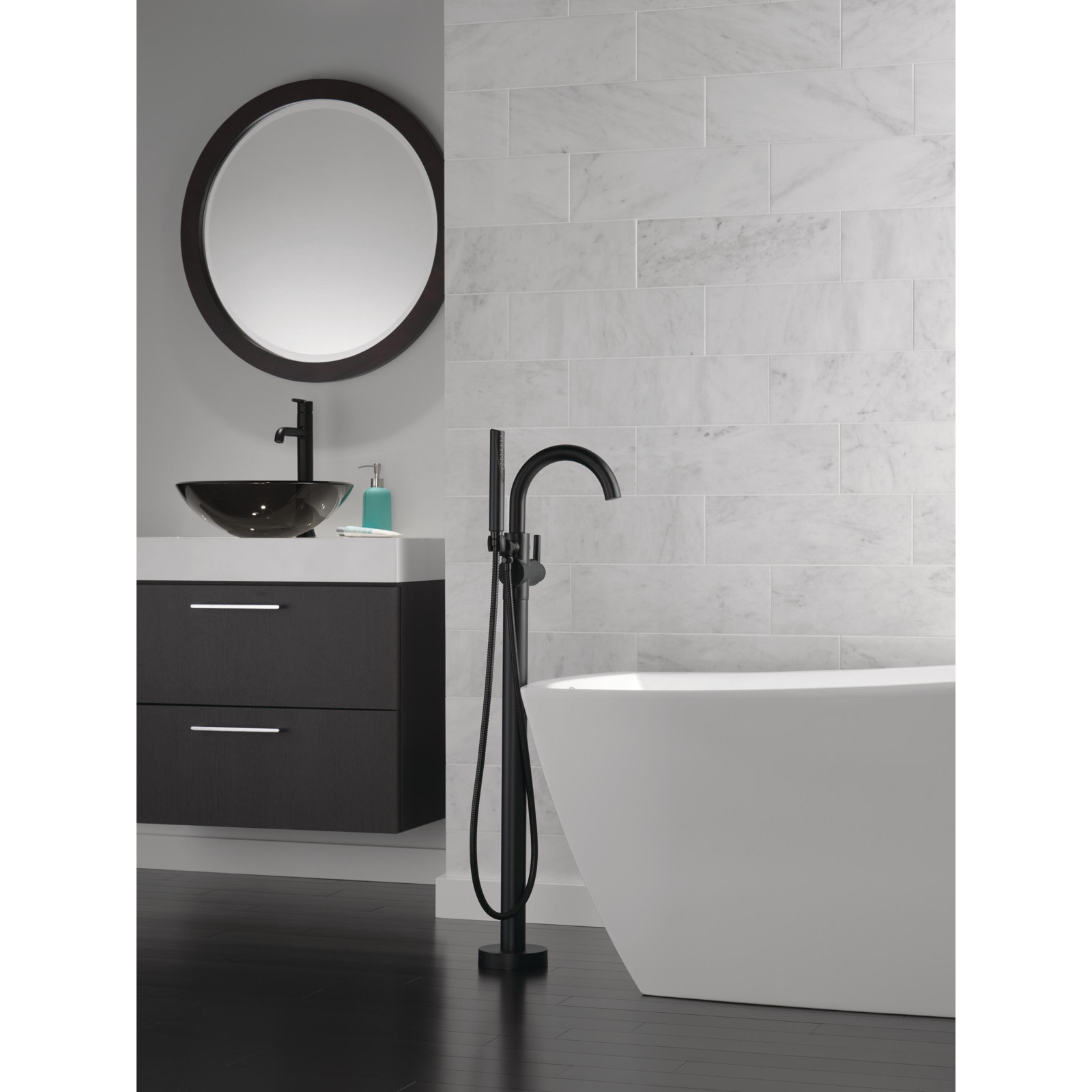 Trinsic Single Handle Floor Mounted Freestanding Tub Filler, Matte Black