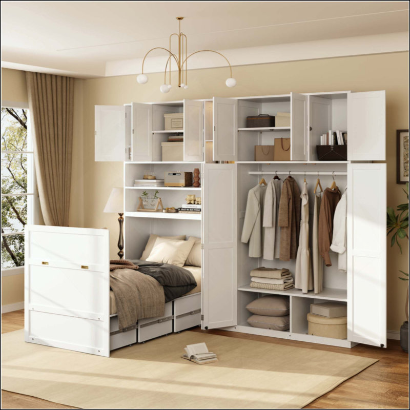 Armoire-lit escamotable avec garde-robe et tablettes de rangement Murphy, tablettes à DEL à 5 niveaux, armoires suspendues