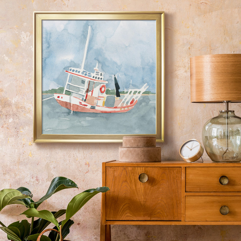 «Bright Fishing Boat II» - Toile encadrée de qualité supérieure - prête à être accrochée, H 34,5 po x l 34,5 po x P 1,5 po