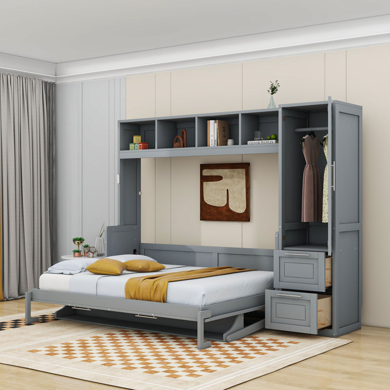 Lit escamotable Ajae avec bibliothèque de rangement, tiroirs et garde-robe, Grand, Gris