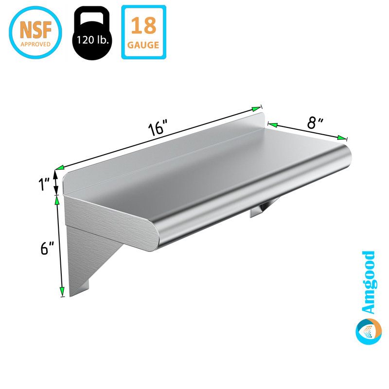 Stainless Steel Wall Mounted Shelf, 7" H x 16" D x 8" D