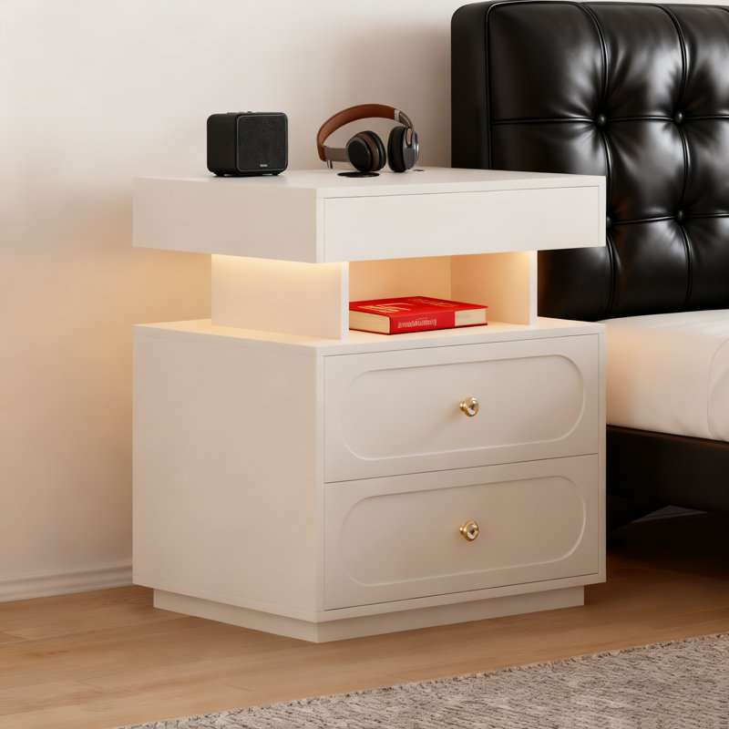 Floating 3-Drawer LED Smart Nightstand with Light  , White
