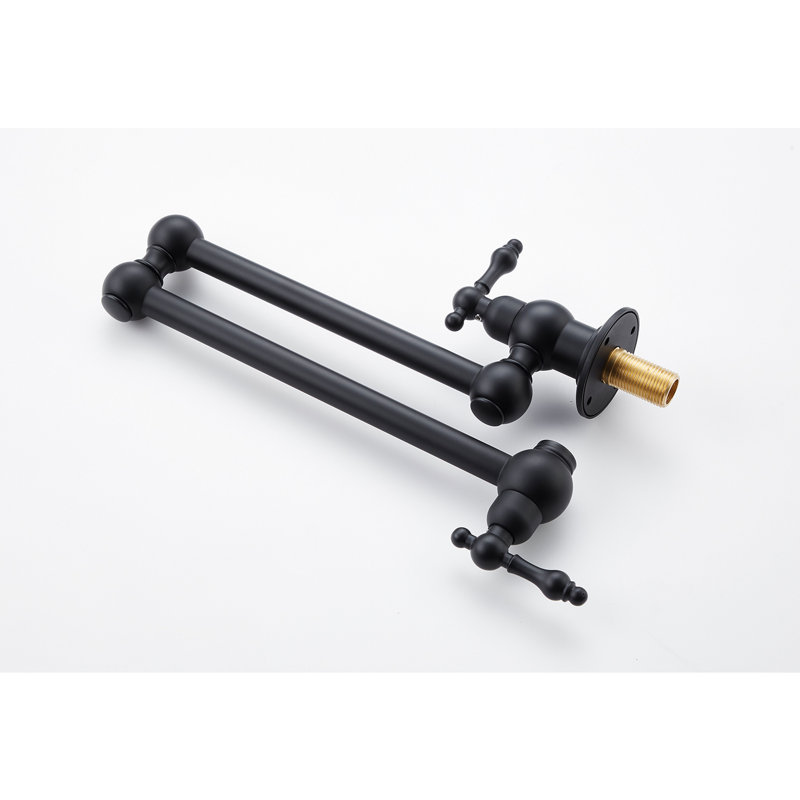 Wall Mount Kitchen Pot Filler Faucet In Matte Black, Folding Arm For Space Saving, 360 Rotation, Double Handles, Brass Construction Black Mounted Kitchen, Handles Effective Water Distribution,