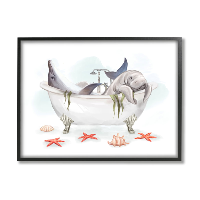 «Trinx Dolphin & Manatee Bathaign», art de la giclée encadrée par Ziwei Li, Giclée encadrée noir minuit