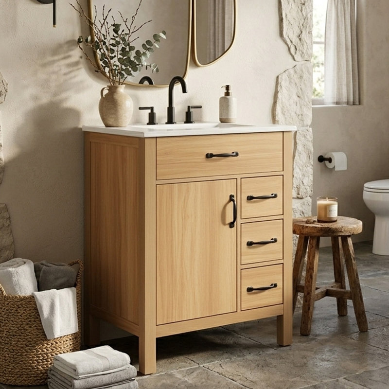 Meuble-lavabo autoportant 24 po avec lavabo en céramique, rangement rabattable et 3 tiroirs, petite salle de bain moderne