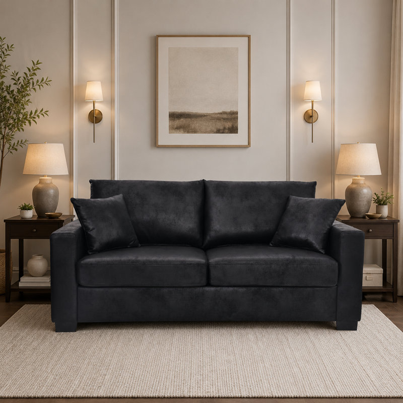 Causeuse en polyester texturé de 69 po de largeur avec 2 coussins décoratifs Solenne, Noir