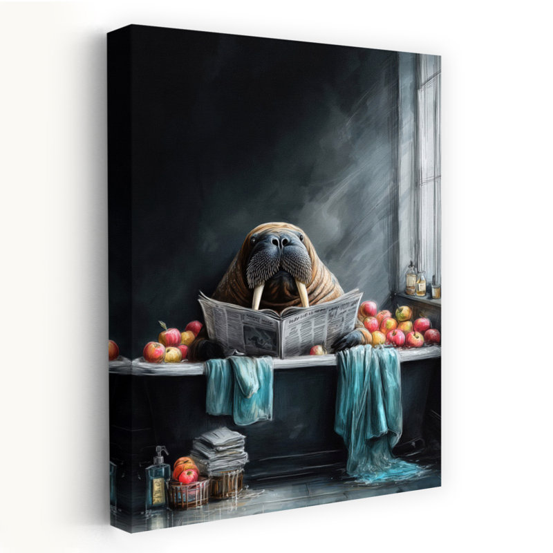 Morse dans une baignoire, art mural contemporain 2 animaux, H 60 po x l 40 po