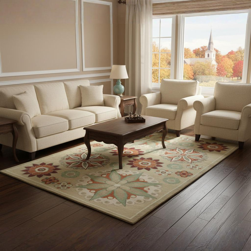 Tapis floral moderne en laine touffeté à la main brun clair, taupe, rouge, vert, gris, orange et orange Ailey