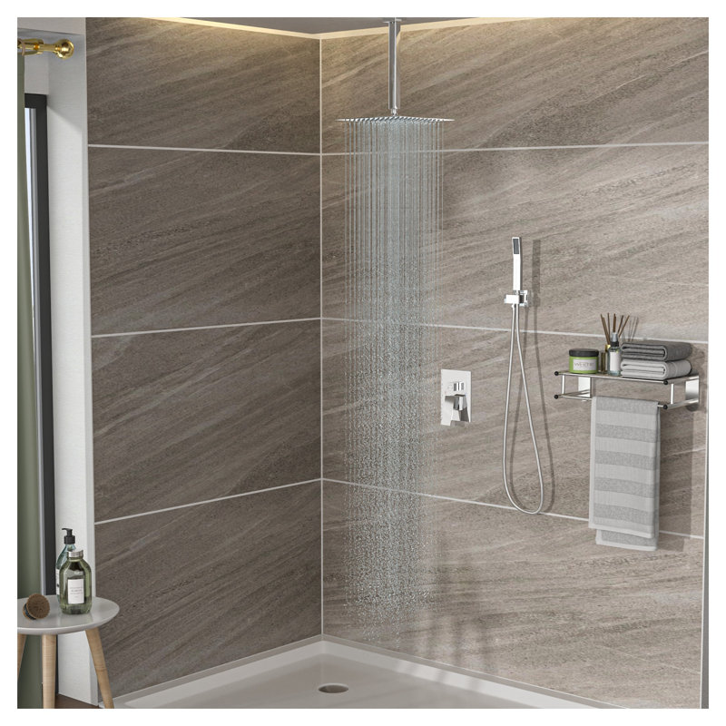 Système de douche de pluie carré à fixation au plafond 10 po avec douchette à main, valve brute à pression équilibrée, acier inoxydable à finition chromée