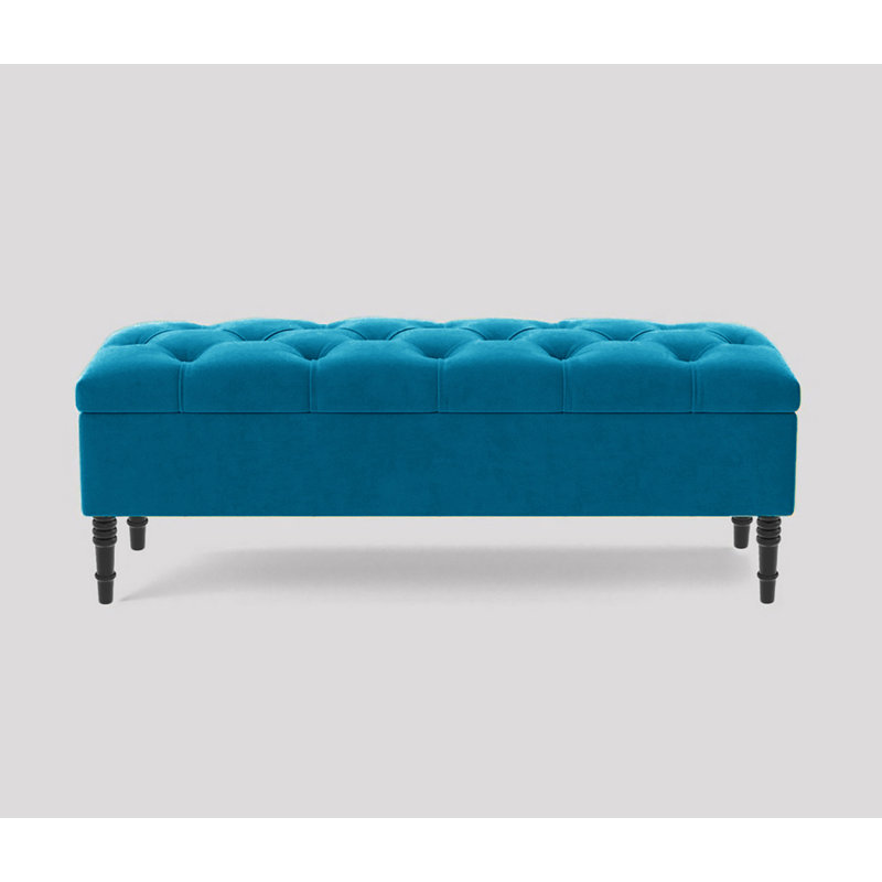 Alyana Wide Tufted Rectangle Ottoman Storage Bench - Upholstery Velvet Shoe Bench with Turned Wooden Legs, Duck Egg