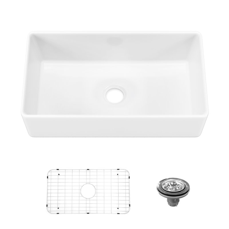 Évier de cuisine Sinber 33 po en céramique blanche de style ferme, à tablier frontal et à cuve, avec 2 accessoires