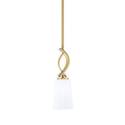 Suspension miniature Waldes Stem Hung, présentée en finition laiton New Age avec verre opale blanc de 11,4 cm de largeur x 16,5 cm de hauteur