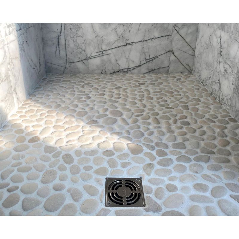 Timor White Leveled Random Sized Natural Sea Pebbles Mosaic Tile in White 12"x12" Floor and Wall