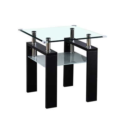 24"X24"X24" End Table With Clear Glass Top, Modern Home Aura, Black Glossy Finish, , Stainless Steel, Tempered Top Side Table, Decor, Gloss Shelf
