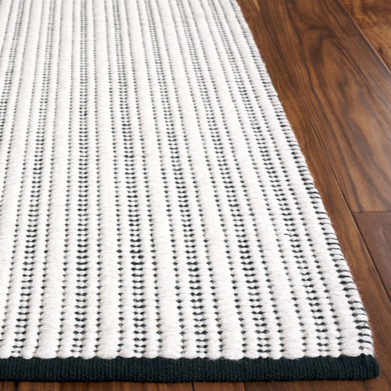 909 Hand Woven Cotton/Wool Striped Rug , Rectangle 8' x 10', Green/Ivory